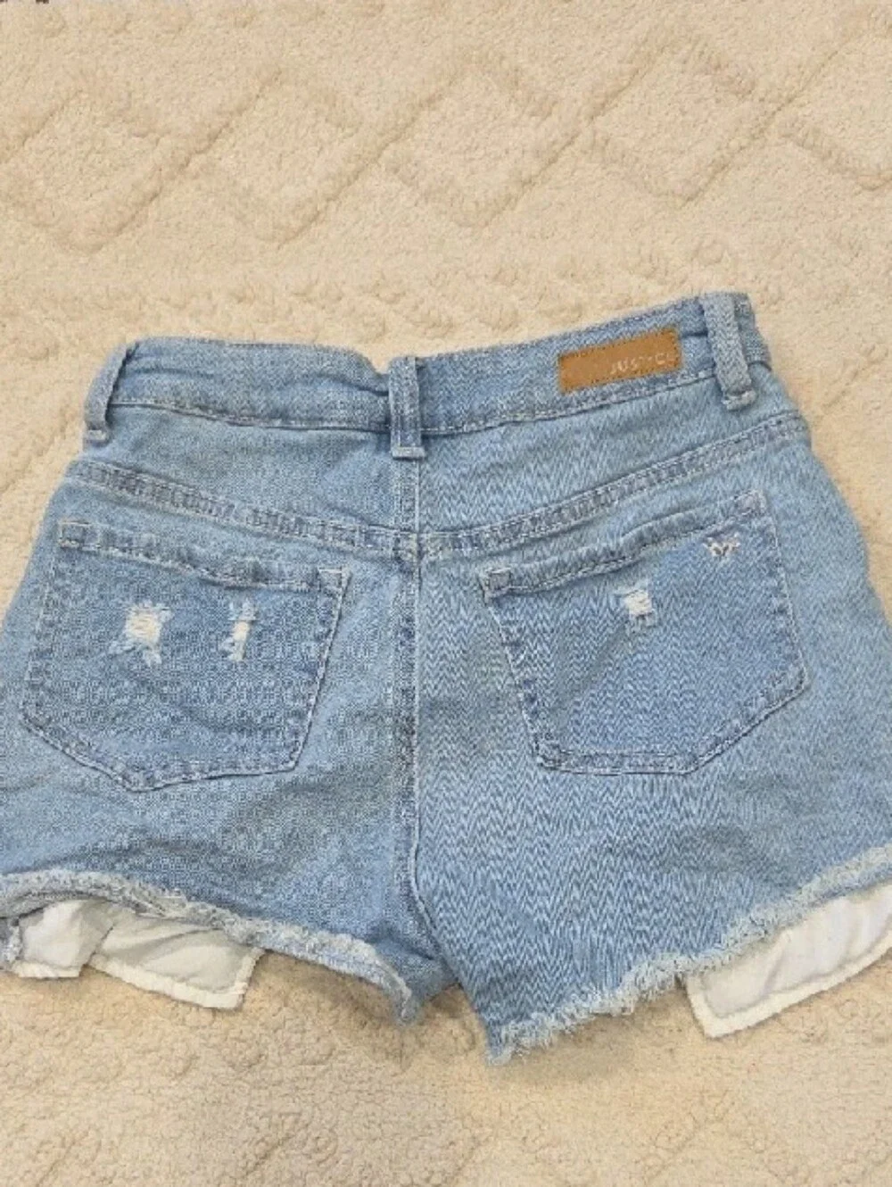 Justice Light Blue Distressed Denim Shorts with Iridescent Sequin Underlay